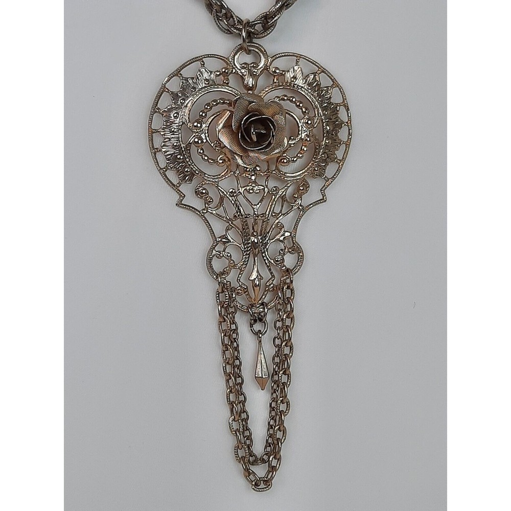 Women’s Rose Filigree Pendant Jewelry 24 Inch Chain BOHO Victorian Look